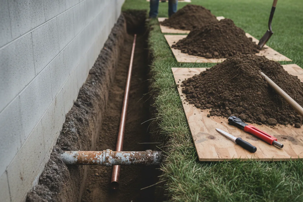 Excavated water line trench during Sewer Line Repair in Strasburg